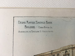 Cedar Rapids Savings Bank, Cedar Rapids, IA, 1896, Hand Colored Original -
