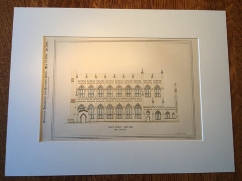 Trinity Church, Side Elevation, New York, NY, 1896, Original Hand Colored -