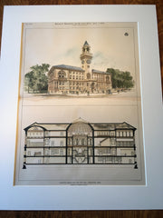 City Hall, Worcester, MA, 1896, Peabody & Stearns, Original Hand Colored -
