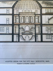 City Hall, Worcester, MA, 1896, Peabody & Stearns, Original Hand Colored -