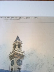 City Hall, Worcester, MA, 1896, Peabody & Stearns, Original Hand Colored -