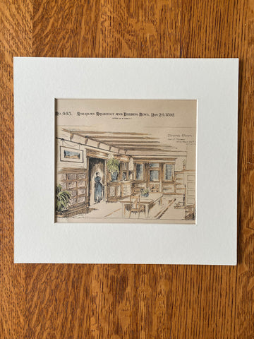 Dining Room by George Tilden, 1892, Hand Colored, Original -