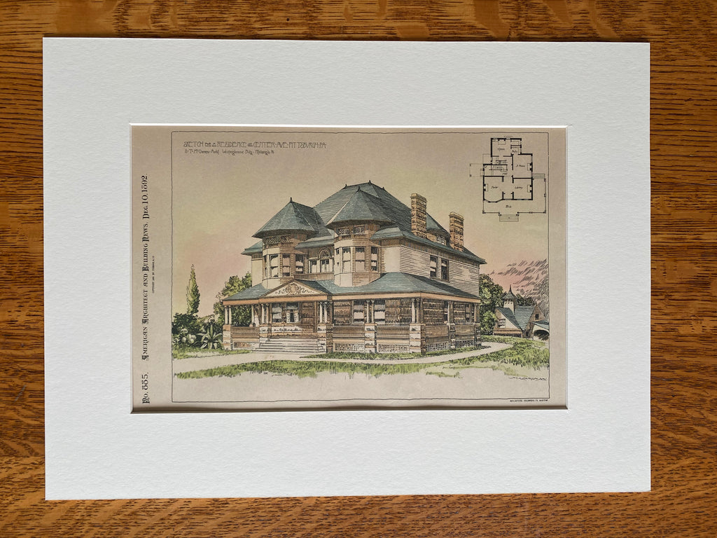 Center Ave Residence, Pittsburgh, PA, 1892, S McClarren, Hand Colored, Original -