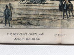 Grace Chapel & Mission Buildings, 14th St, NY, 1896, Original Hand Colored -