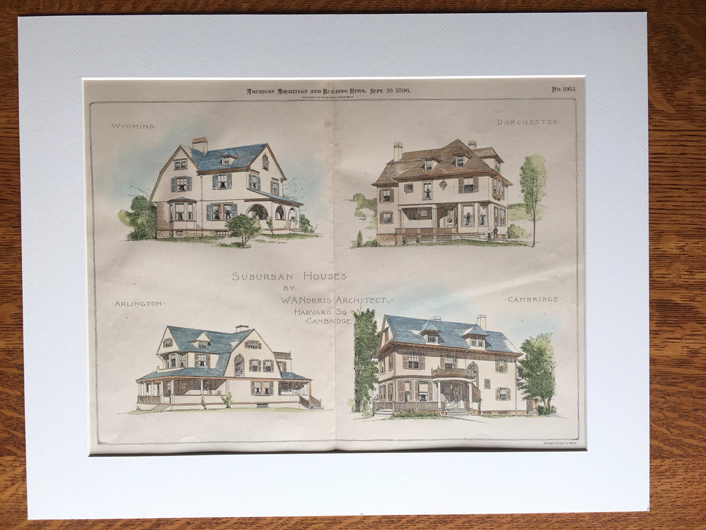 Suburban Houses, Cambridge, MA et al, 1896, W A Norris, Original Hand Colored -