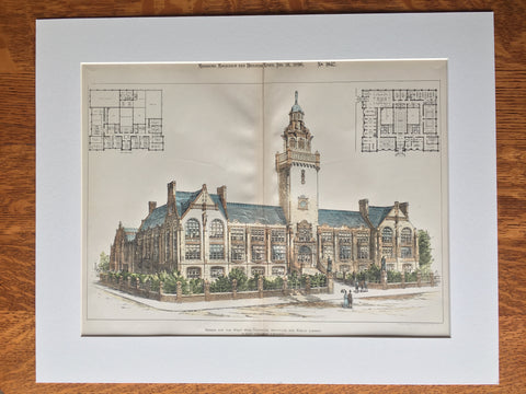 West Ham Technical Institute & Library, UK, 1896, Original Hand Colored -