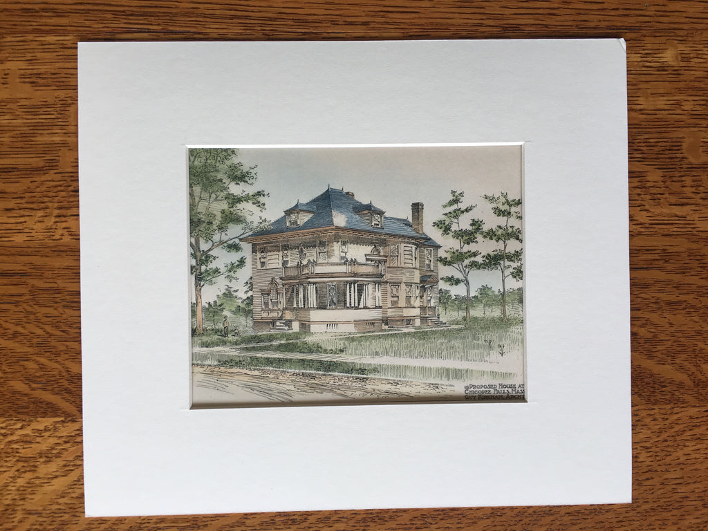 House, Chicopee Falls, MA, 1896, Guy Kirkham, Architect, Original Hand Colored -