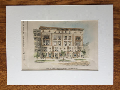 Houses on 86th Street, New York, NY, 1896, George E Wood, Original Hand Colored -