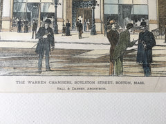 Warren Chambers, Boylston Street, Boston, MA, 1896, Original Hand Colored -