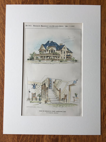 House, Washington Street, Middletown, CT, 1897, Hand Colored, Original -