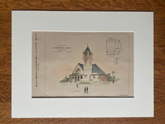 Congregational Church, Orange, MA, 1892, A C Fernald, Original Hand Colored -