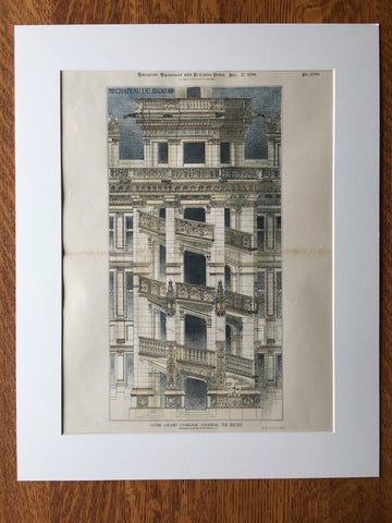 Grand Staircase, Chateau de Blois, Loire, France, 1896, Hand Colored, Original -