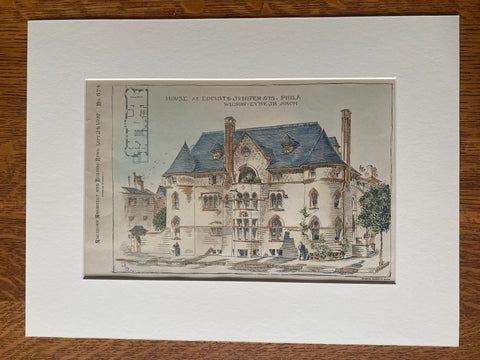 House at Locust & Juniper Streets, Philadelphia, PA, 1892, Original Hand Colored -