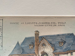 House at Locust & Juniper Streets, Philadelphia, PA, 1892, Original Hand Colored -