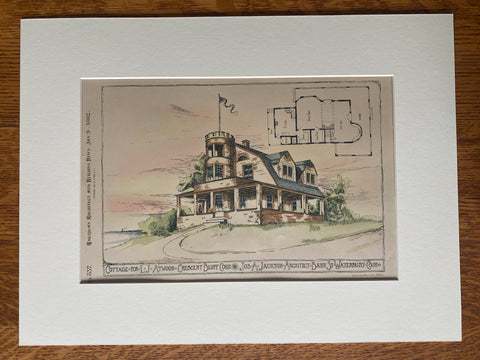 L J Atwood Cottage, Crescent Bluff, CT, 1892, J A Jackson, Original Hand Colored -