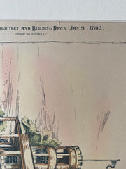 L J Atwood Cottage, Crescent Bluff, CT, 1892, J A Jackson, Original Hand Colored -