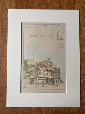 Catholic Union Building, Milton, MA, 1892, P A Tracy, Original Hand Colored -