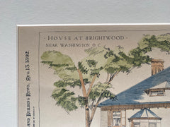 House at Brightwood, Washington DC, 1892, W J Marsh, Original Hand Colored -