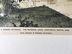 Richmond Court Apartments, Boston, MA, 1898, Cram et al., Hand Colored Original -