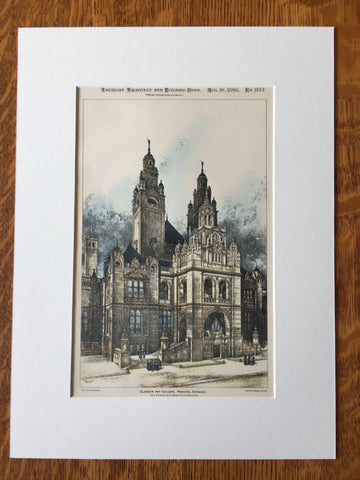 Glasgow Art Gallery, Scotland, 1898, Simpson & Allen, Hand Colored Original -