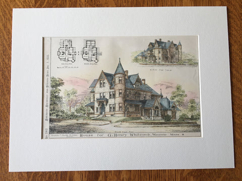 House, G Henry Whitcomb, Worcester, MA, 1898, S C Earle, Hand Colored Original -