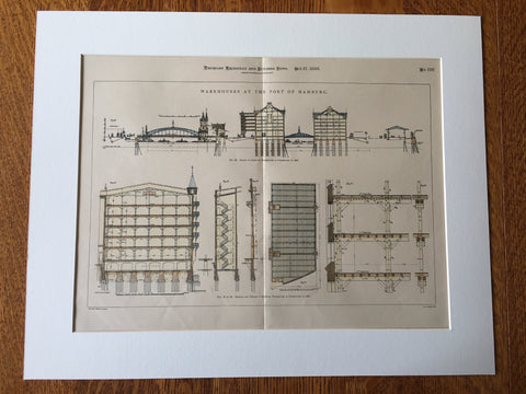 Warehouses, Port of Hamburg, Germany, 1898, Hand Colored Original -