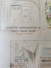 Copley Square, Boston, MA, 1893, W G Preston, Hand Colored Original -
