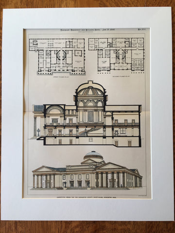 Worcester County Court House, MA, 1898, L W Briggs, Original Hand Colored -