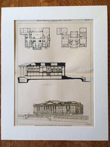 Worcester Cty Court House, MA, 1898, Fuller Delano Frost, Original Hand Colored -