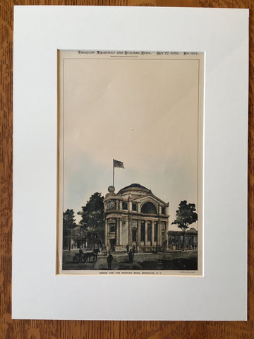 Peoples Bank, Broadway & Greene, Brooklyn, NY, 1898, Original Hand Colored -