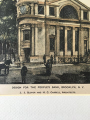 Peoples Bank, Broadway & Greene, Brooklyn, NY, 1898, Original Hand Colored -