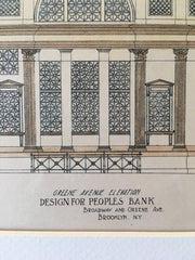 Peoples Bank, Greene Ave Elevation, Brooklyn, NY, 1898, Original Hand Colored -