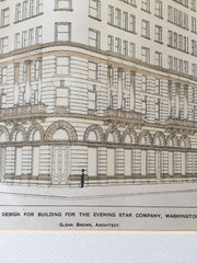 Evening Star Building, Washington DC, 1898, Glenn Brown, Original Hand Colored -