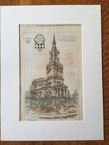 All Saints Church, Newcastle Upon Tyne, Britain, UK, 1898, Original Hand Colored -