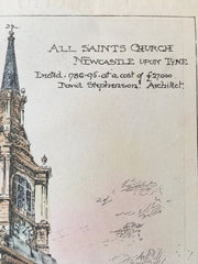 All Saints Church, Newcastle Upon Tyne, Britain, UK, 1898, Original Hand Colored -