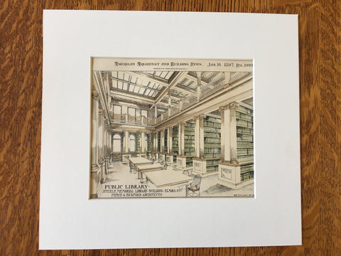 Steele Memorial Library, Elmira, NY, 1897, Hand Colored Original -