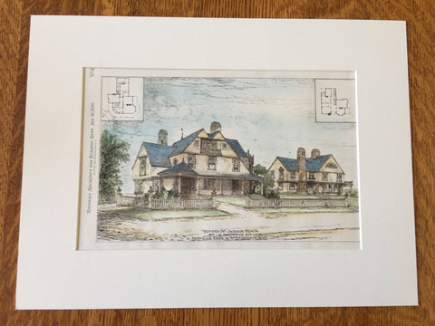 Houses for J Greenough, Jamaica Plain, MA, 1880, W R Emerson, Hand Colored Original -