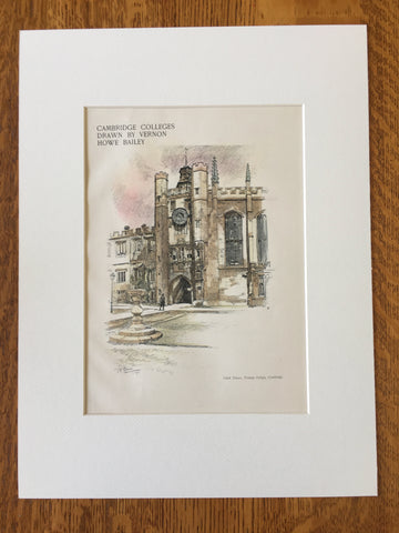 Clock Tower, Trinity College, Cambridge, UK, 1902, Hand Colored Original -