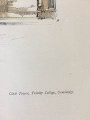 Clock Tower, Trinity College, Cambridge, UK, 1902, Hand Colored Original -