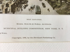 Municipal Building, New York, NY, 1908, Howells & Stokes, Hand Colored Original -