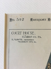 Court House, Clarion, PA, 1886, E M Butz, Original Hand Colored -