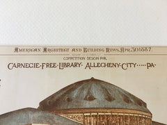 Carnegie Free Library, Allegheny, PA, 1887, W Halsey Wood, Original Hand Colored -