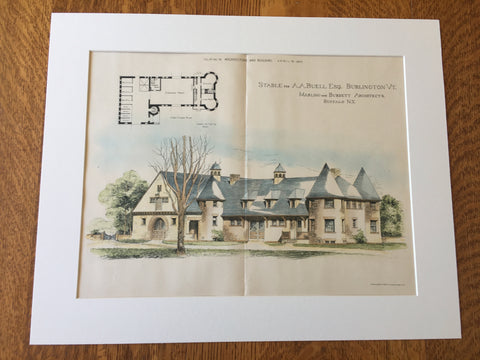 Stable for A A Buell, Burlington, VT, 1890, Original Hand Colored -