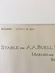 Stable for A A Buell, Burlington, VT, 1890, Original Hand Colored -