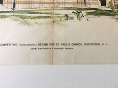 St Paul's Church, Rochester, NH, 1896, Cram et al, Original Hand Colored -