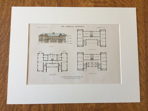 Grammar School, Kirkwood, MO, 1915, William B Ittner, Original Hand Colored -