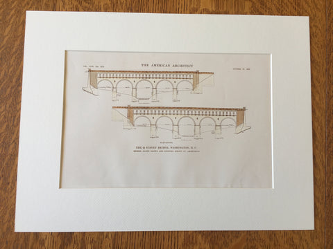 Q Street Bridge, Elevations, Washington DC, 1915, Original Hand Colored -
