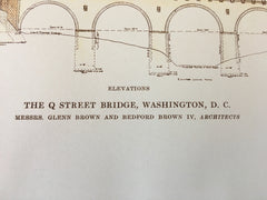 Q Street Bridge, Elevations, Washington DC, 1915, Original Hand Colored -