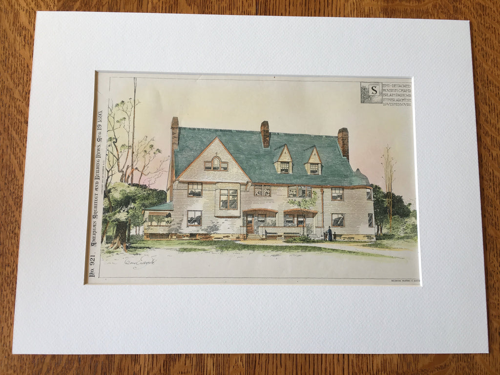 Semi Detached House, Chamberlain Park, St Louis, MO, 1893, Hand Colored Original -