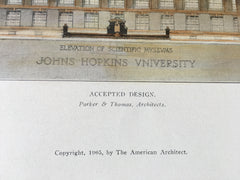 Johns Hopkins University, Elevation, Baltimore, MD, 1905, Hand Colored Original -